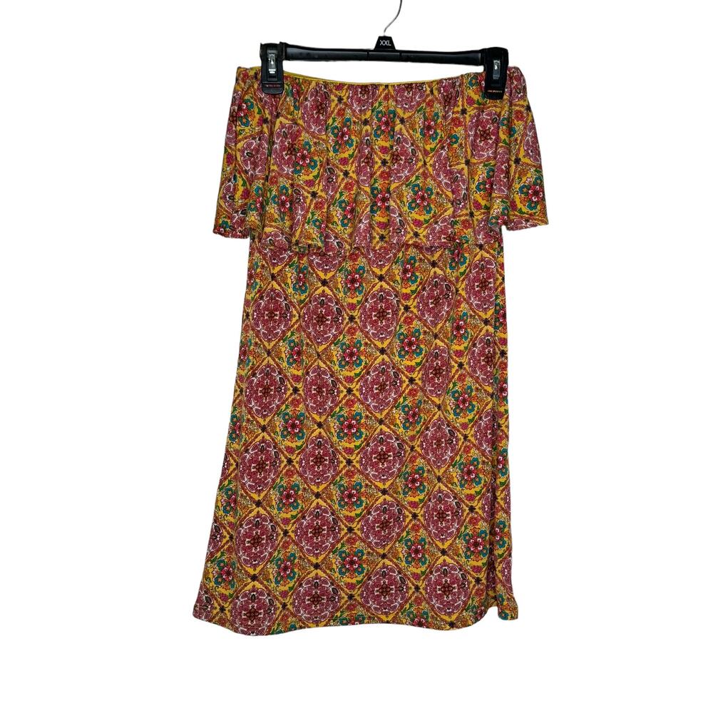 Judith March Women's Dress Flounce‎ Strapless Floral Diamond Brown Yellow Small